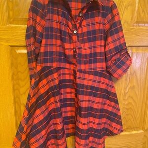 Plaid Button-Up Dress in Red and Navy